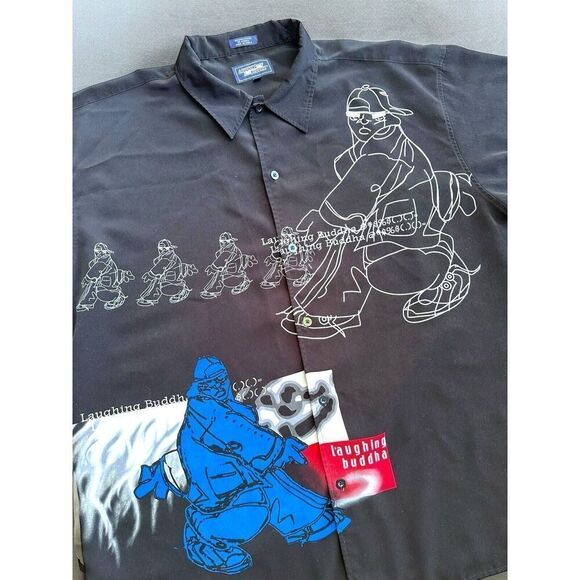 Vintage Y2K Laughing Buddha Button Up AOP Shirt (2000s) Size 2XL - Picture 2 of 7